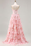 Vestido de baile floral corsé corsete, corsete, sem alças, com folhos de chiffon