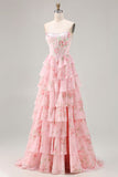 Vestido de baile floral corsé corsete, corsete, sem alças, com folhos de chiffon