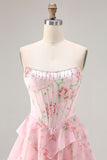 Corset amarelo sem alças A-line Corpete floral longo vestido de baile com saia de chiffon com folhos
