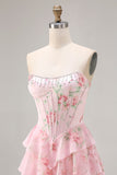 Vestido de baile floral corsé corsete, corsete, sem alças, com folhos de chiffon