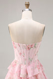 Corset amarelo sem alças A-line Corpete floral longo vestido de baile com saia de chiffon com folhos
