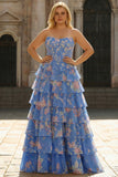Vestido de baile de finalistas longo, Corset A-line sem alças azul escuro, floral de chiffon e tamanhos grandes, com folhos