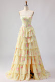 Corset amarelo sem alças A-line Corpete floral longo vestido de baile com saia de chiffon com folhos
