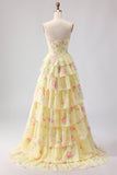 Vestido de baile floral corsé corsete, corsete, sem alças, com folhos de chiffon