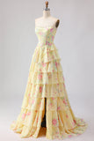 Corset amarelo sem alças A-line Corpete floral longo vestido de baile com saia de chiffon com folhos