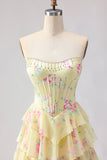 Corset amarelo sem alças A-line Corpete floral longo vestido de baile com saia de chiffon com folhos