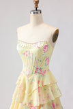 Vestido de baile floral corsé corsete, corsete, sem alças, com folhos de chiffon