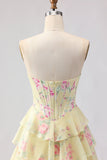 Vestido de baile floral corsé corsete, corsete, sem alças, com folhos de chiffon