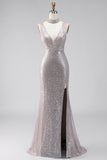 Vestido formal comprido com lantejoulas prateadas, sereia com decote em V, decote em V