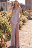 Vestido formal comprido com lantejoulas prateadas, sereia com decote em V, decote em V