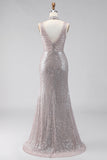 Vestido formal comprido com lantejoulas prateadas, sereia com decote em V, decote em V