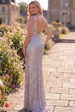 Vestido formal comprido com lantejoulas prateadas, sereia com decote em V, decote em V