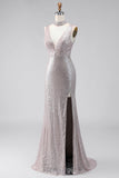 Vestido formal comprido com lantejoulas prateadas, sereia com decote em V, decote em V