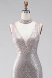Vestido formal comprido com lantejoulas prateadas, sereia com decote em V, decote em V