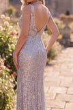 Vestido formal comprido com lantejoulas prateadas, sereia com decote em V, decote em V
