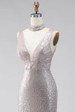 Vestido formal comprido com lantejoulas prateadas, sereia com decote em V, decote em V