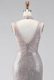 Vestido formal comprido com lantejoulas prateadas, sereia com decote em V, decote em V