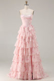 Vestido de baile de finalista floral longo floral com abertura cor-de-rosa sem alças cor-de-rosa A Line A