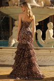 Vestido de Baile Longo, Vestido de Baile Sem Alças Sem Alças, Estampado em Camadas, com Folhos e Abertura