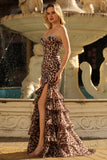 Vestido de Baile Longo, Vestido de Baile Sem Alças Sem Alças, Estampado em Camadas, com Folhos e Abertura
