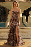 Vestido de Baile Longo, Vestido de Baile Sem Alças Sem Alças, Estampado em Camadas, com Folhos e Abertura