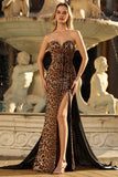 Vestido de baile comprido de baile com sereia de leopardo castanho brilhante com laço grande nas costas