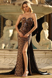 Vestido de baile comprido de baile com sereia de leopardo castanho brilhante com laço grande nas costas