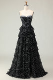 Um Vestido de Baile de Finalista Longo com Espartilho Sem Alças, Espartilho Sem Alças, Às Bolinhas com Folhos e Abertura