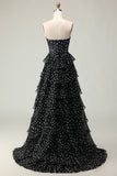 Preto e Branco Uma Linha Espartilho Sem Alças Tiered Long Polka Dots Prom Dress with Ruffles