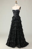 Preto e Branco Uma Linha Espartilho Sem Alças Tiered Long Polka Dots Prom Dress with Ruffles