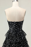 Preto e Branco Uma Linha Espartilho Sem Alças Tiered Long Polka Dots Prom Dress with Ruffles