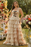 Vestido de Baile de finalistas longo, grande tamanho, com recorte em camadas e alças, almasco, pontos pretos,