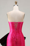Vestido de baile comprido de cetim conversível Fuchsia A-Line Strapless com laço grande