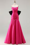 Vestido de baile comprido de cetim conversível Fuchsia A-Line Strapless com laço grande