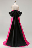 Vestido de baile comprido de cetim conversível Fuchsia A-Line Strapless com laço grande