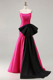 Vestido de baile comprido de cetim conversível Fuchsia A-Line Strapless com laço grande