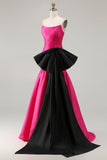 Vestido de baile comprido de cetim conversível Fuchsia A-Line Strapless com laço grande