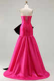 Vestido de baile comprido de cetim conversível Fuchsia A-Line Strapless com laço grande