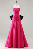 Vestido de baile comprido de cetim conversível Fuchsia A-Line Strapless com laço grande