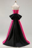 Vestido de baile comprido de cetim conversível Fuchsia A-Line Strapless com laço grande