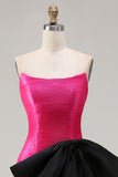 Vestido de baile comprido de cetim conversível Fuchsia A-Line Strapless com laço grande