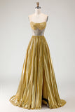 Vestido de baile de finalista dourado metálico, sem alças, plissado em A-Line e Espartilho Longo com Fenda