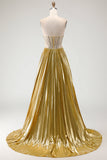 Vestido de baile de finalista dourado metálico, sem alças, plissado em A-Line e Espartilho Longo com Fenda