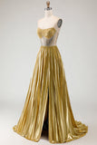 Vestido de baile de finalista dourado metálico, sem alças, plissado em A-Line e Espartilho Longo com Fenda