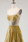 Vestido de baile de finalista dourado metálico, sem alças, plissado em A-Line e Espartilho Longo com Fenda