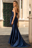 Vestido de baile de finalistas longo, espartilho sem alças, espartilho de sereia azul-marinho, com laço