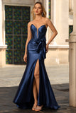 Vestido de baile de finalistas longo, espartilho sem alças, espartilho de sereia azul-marinho, com laço