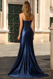 Vestido de baile de finalistas longo, espartilho sem alças, espartilho de sereia azul-marinho, com laço