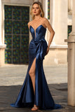 Vestido de baile de finalistas longo, espartilho sem alças, espartilho de sereia azul-marinho, com laço