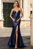 Vestido de baile de finalistas longo, espartilho sem alças, espartilho de sereia azul-marinho, com laço